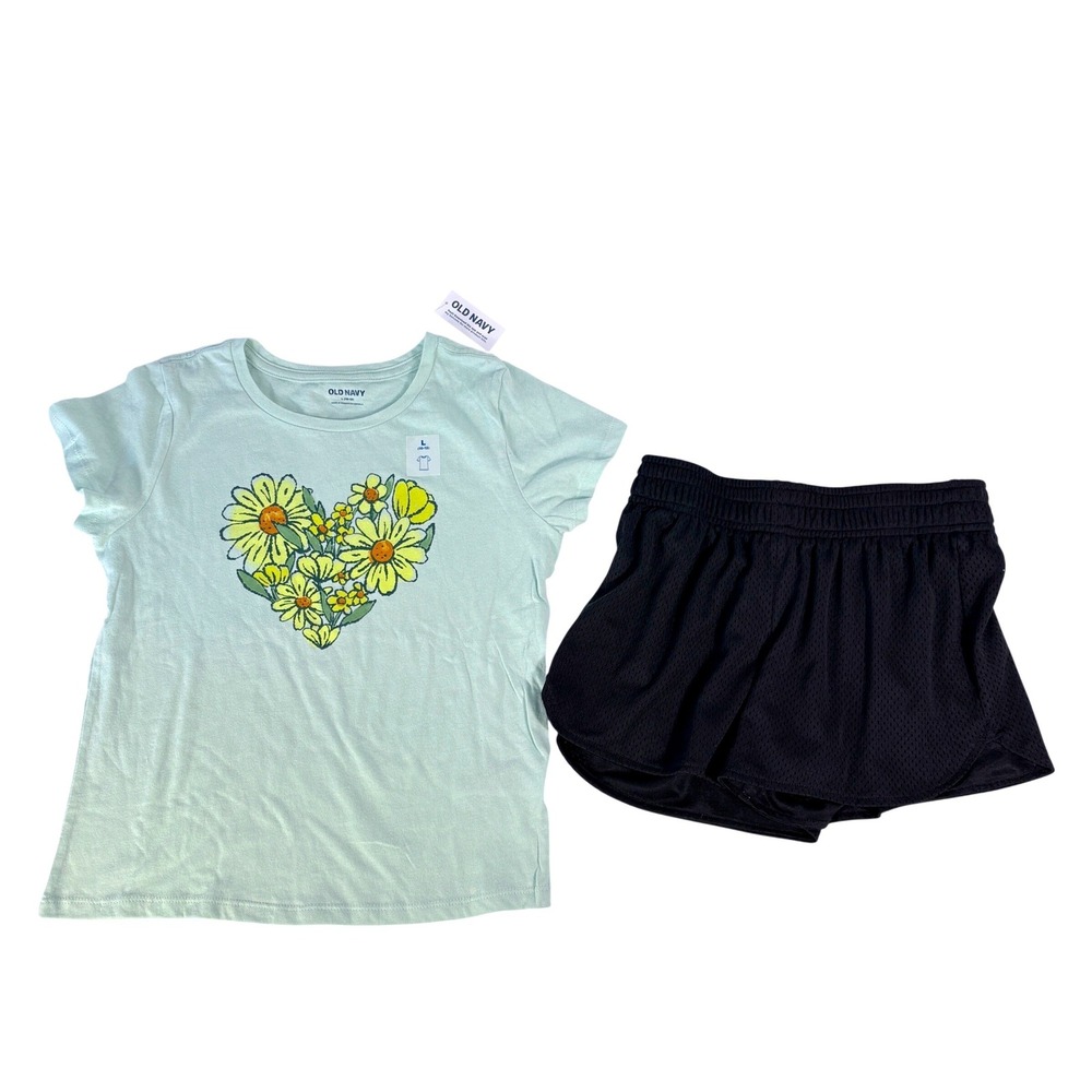 2 pc Old Navy Shirt & BCG Shorts‎ Set Girls L Green Floral Shirt Black Mesh